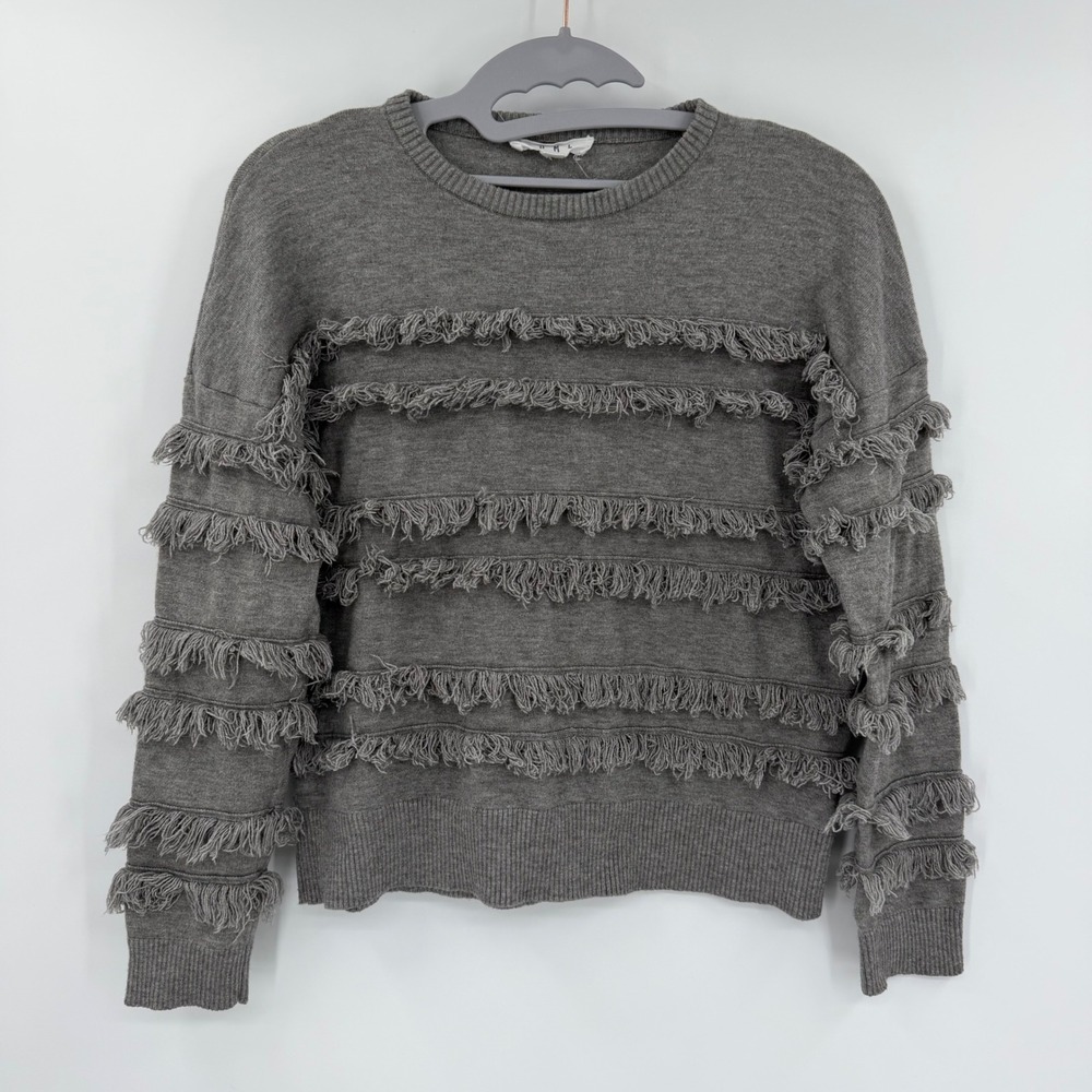 THML Heather Gray Fringe Trim Long Sleeve Crew Neck Sweater XS
